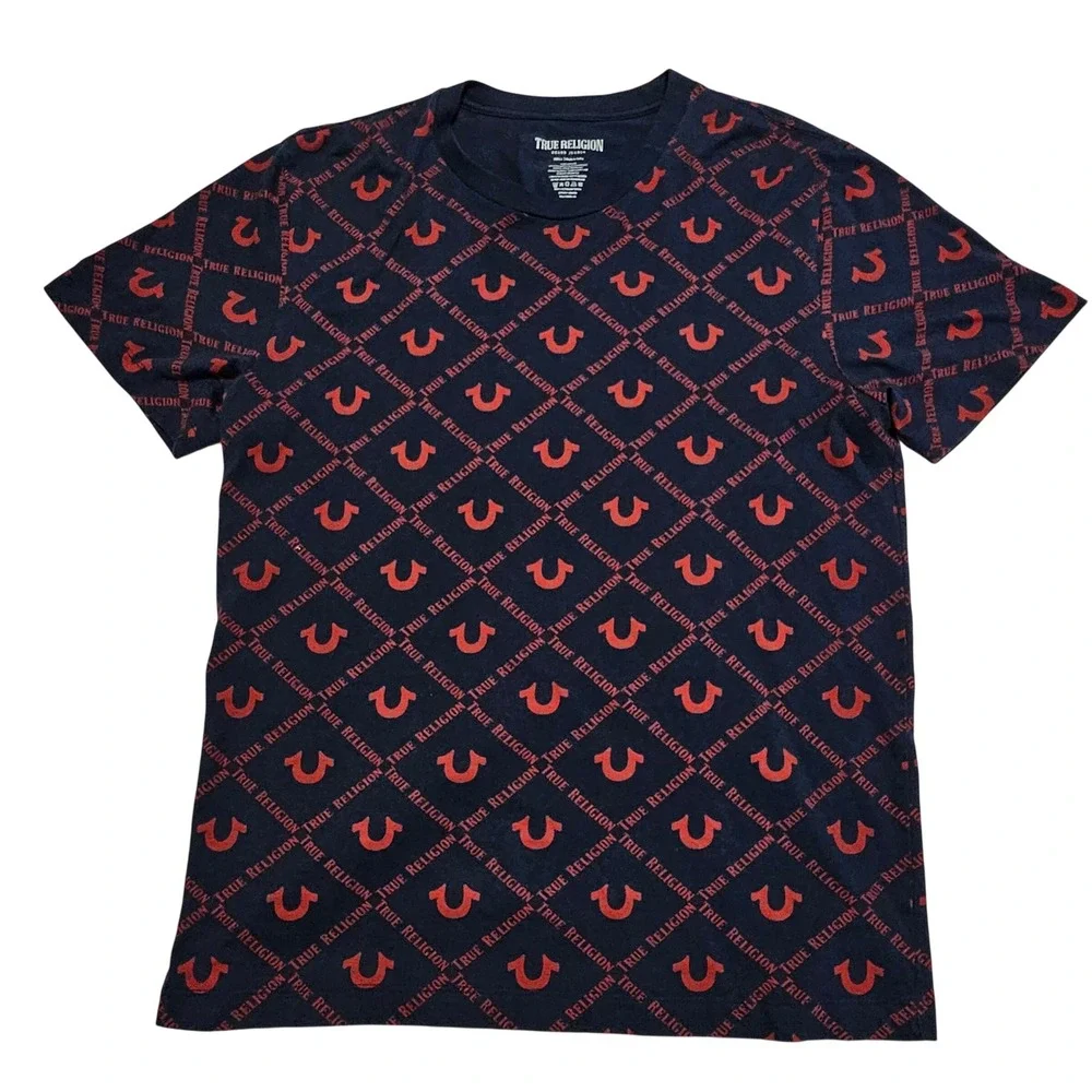 True Religion Mens Navy Blue Red All Over Logo Print T-Shirt 108050 Small NWT